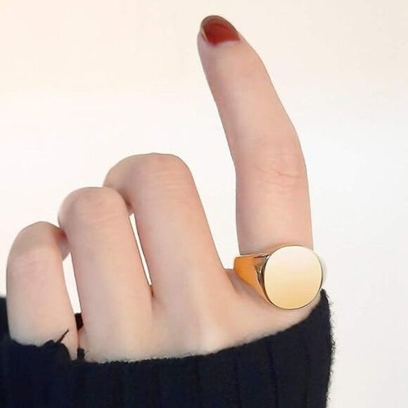 Gold Round Signet Style Gold Pinky Ring Statement Ring Wedding Engagement Ring - Picture 3 of 5